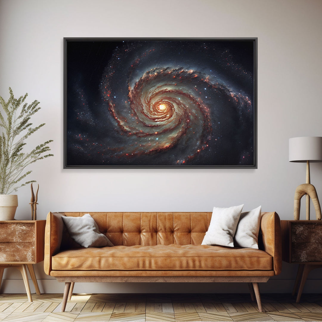 Watercolor of a distant spiral galaxy, framed canvas print, framed space art, above couch space art