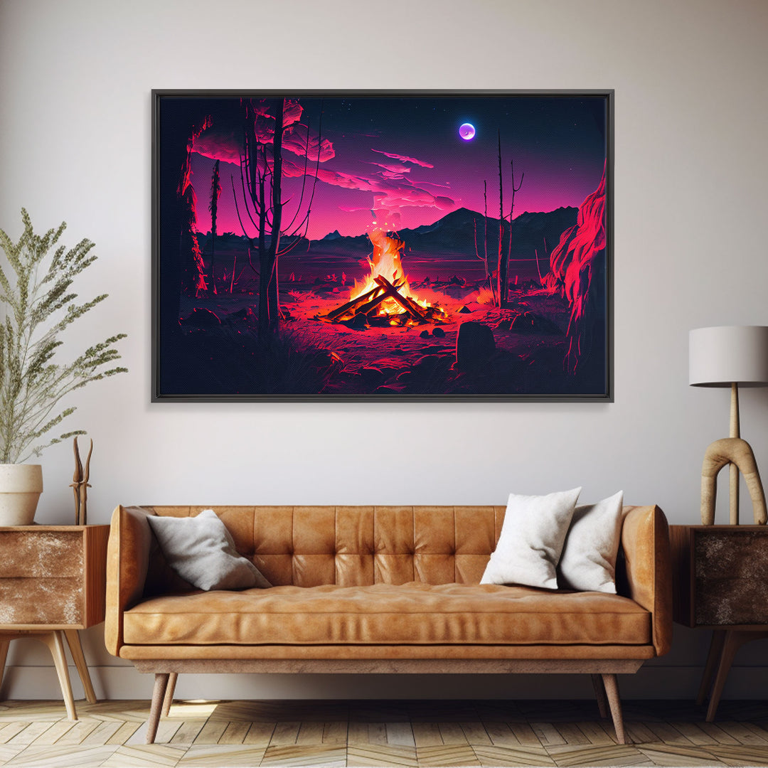 Primitive Art, Campfire Painting Print, Framed Canvas Print, Synthwave Farmhouse Decor