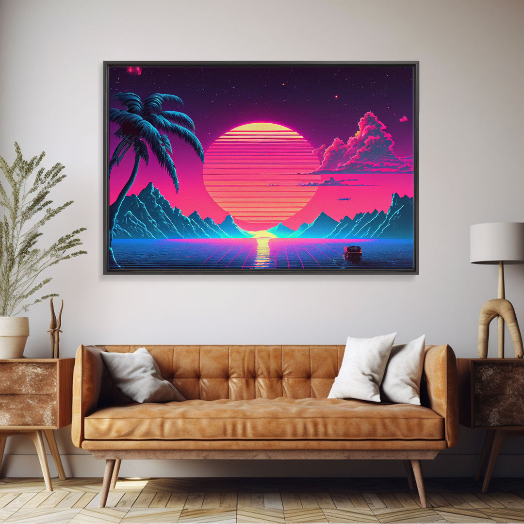 Retro Outrun Style Palm Trees and Sunset, Framed Canvas Print, Wireframe lake and mountain vista