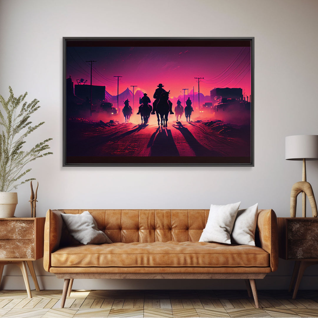 Retro Synthwave Style Post-Apocalyptic Cowboys, framed canvas print, retro outrun style wild west art