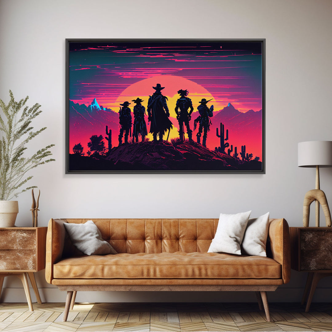 Retro Synthwave Style Wild West Cowboys, framed canvas print, retro outrun style wild west art