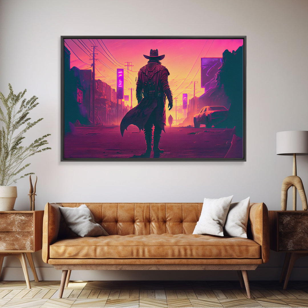 The Gunfighter, Retro Outrun style wild west cowboy art, framed canvas print