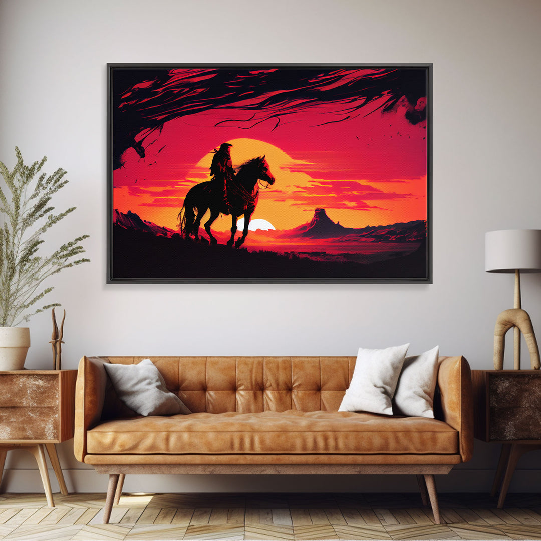 Retro Wildwest Sunset Art, Framed Canvas Print, Native American Warrior on Horseback