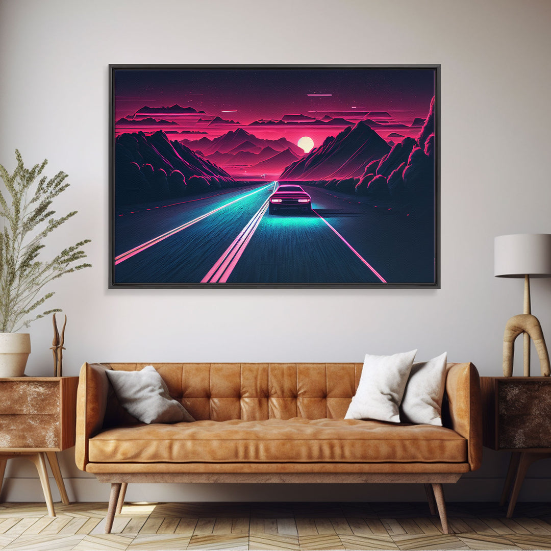 Midnight Drive, Unique Synthwave Style Retro Art, 80s style art, framed canvas print