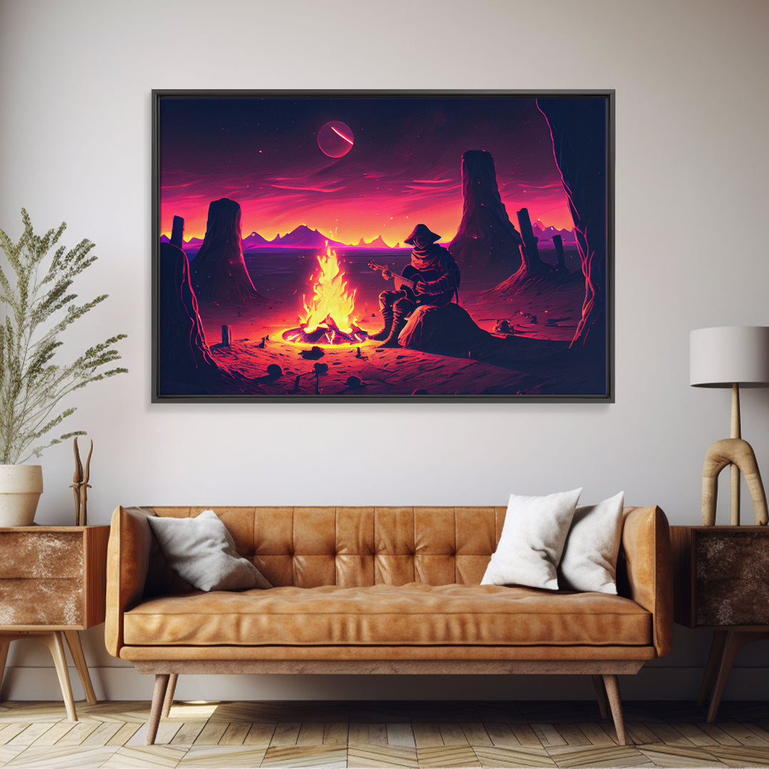 Campfire Songs, Retrowave style art, framed canvas print, synthwave art