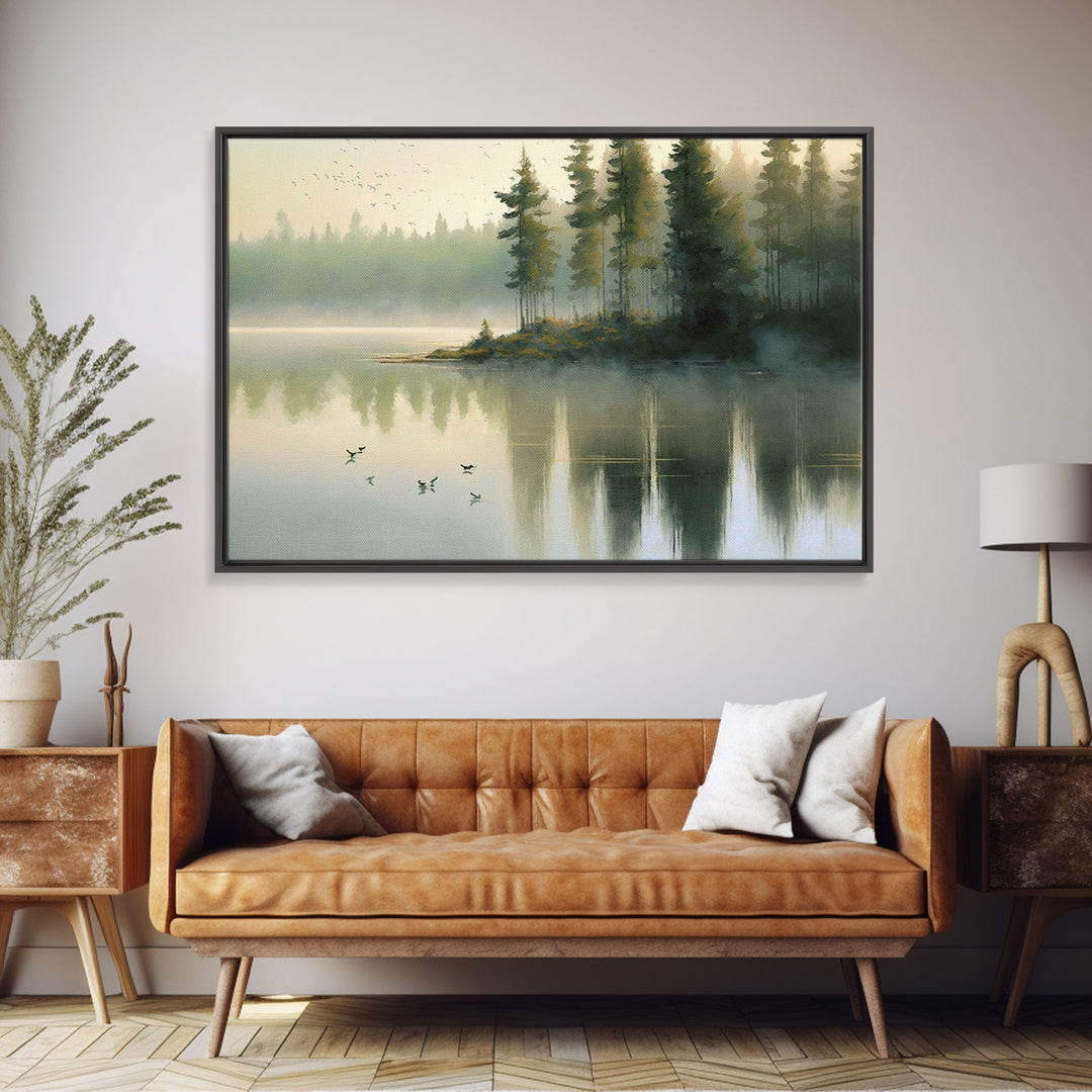 Misty Morning Sunset over a Oregon Lake, framed canvas print, beautiful nature / landscape art, boho minimalist farmhouse wall decor