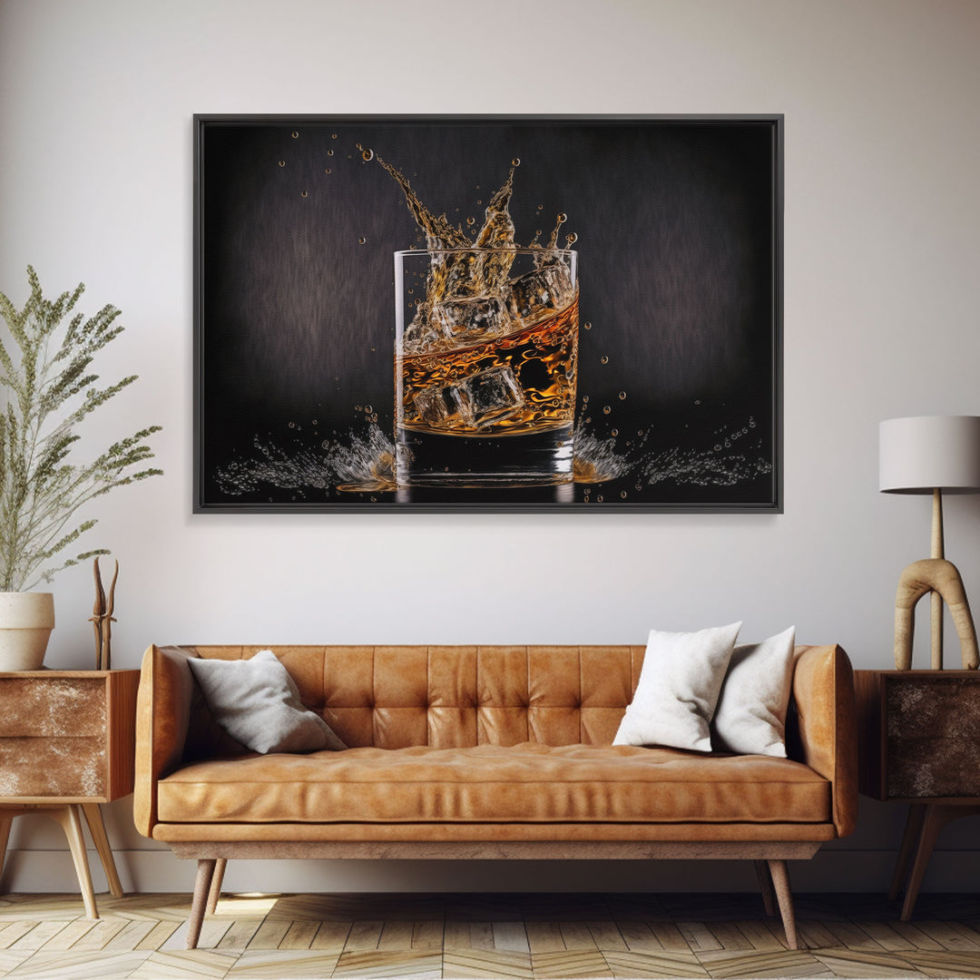 Whiskey Wall Décor, Glass of Whiskey with Splash, Man Cave Wall Art, Whisky Artwork, Home Bar Decor, Framed Canvas Print