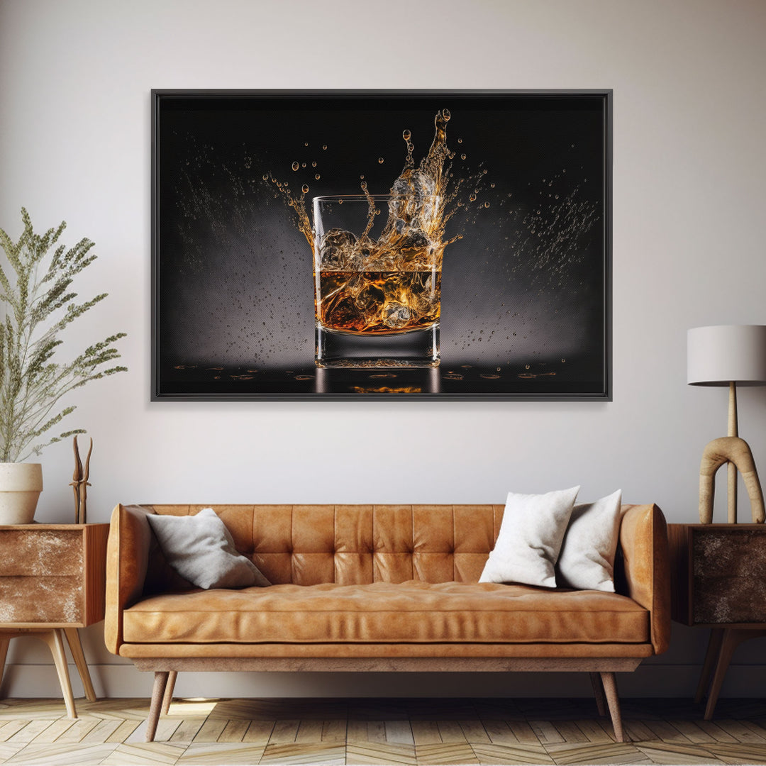 Whiskey Wall Décor, Glass of Whiskey with Splash, Man Cave Wall Art, Whisky Artwork, Home Bar Decor, Framed Canvas Print, Manly Art