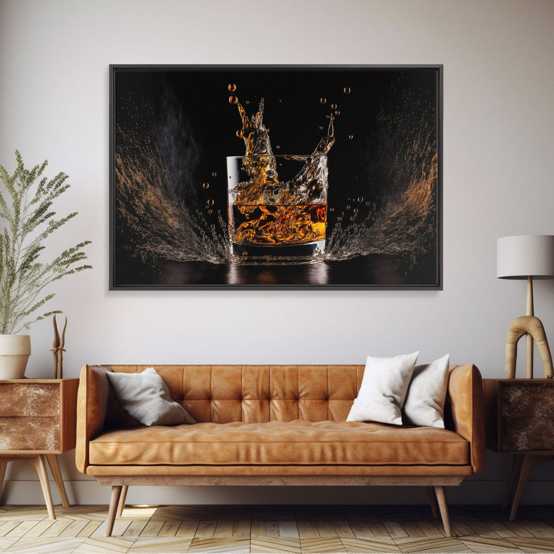 Whiskey Wall Décor, Ice falling into a glass of whiskey, modern / contemporary bar wall art, framed canvas print