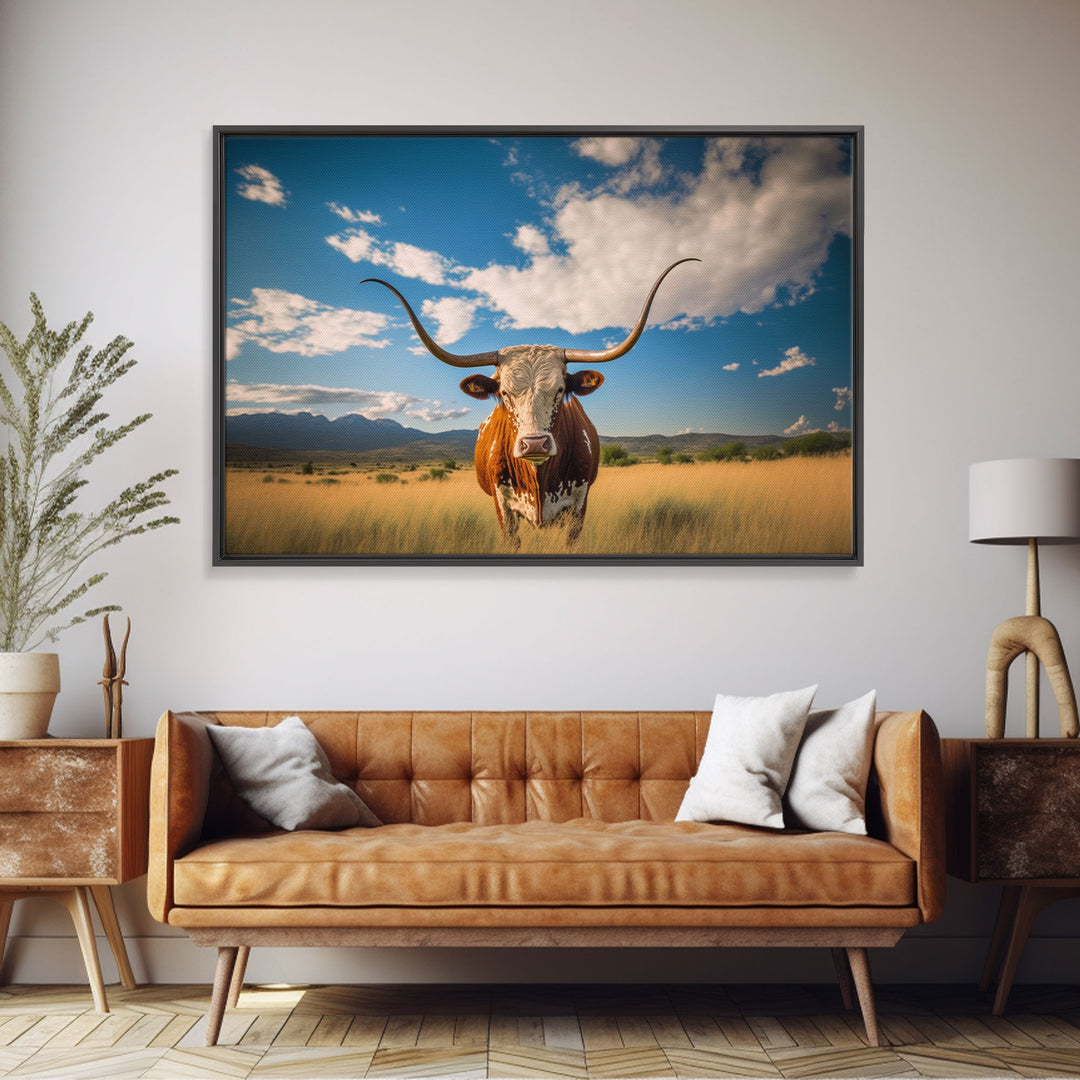 Texas longhorn art Rustic wall art, wall decor Western farmhouse decor, cow framed canvas print, Trendy wall art, Longhorn canvas print