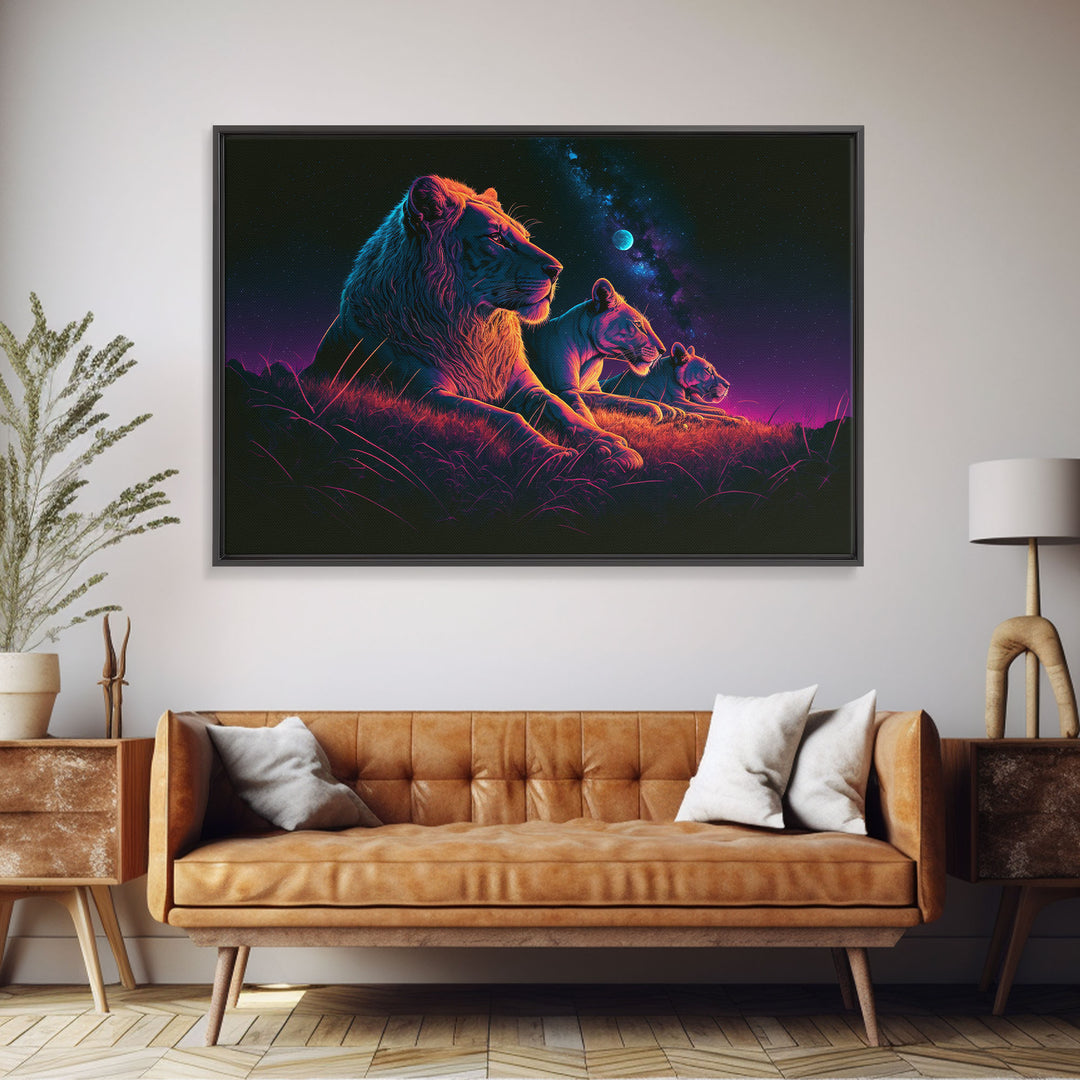 Retro Synthwave Style Lion Art, African Wildlife, Framed Canvas Print, Pastel Tones Wall Decor