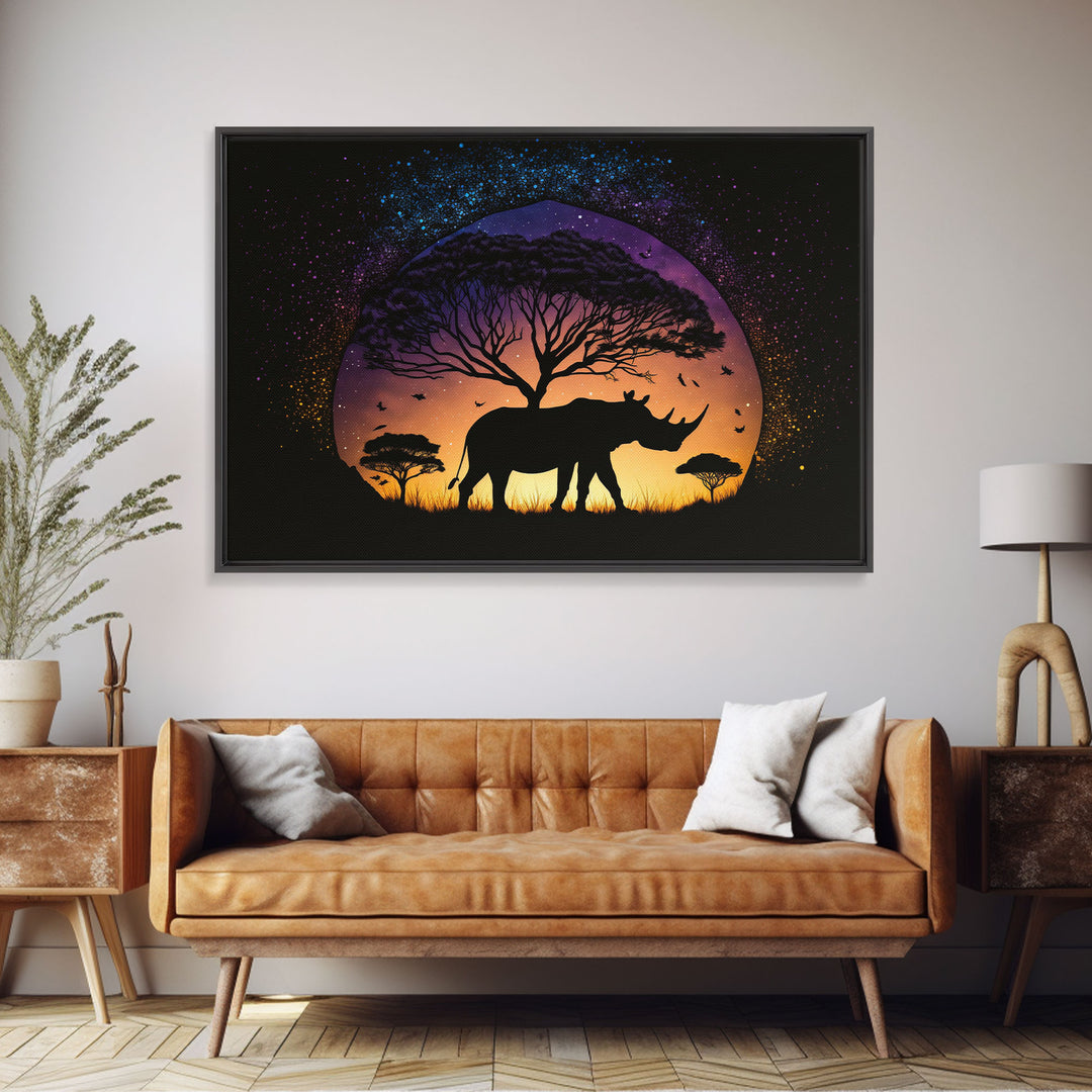 Rhino Silhouette against a starry night sky, wildlife art, animal prints, framed canvas print