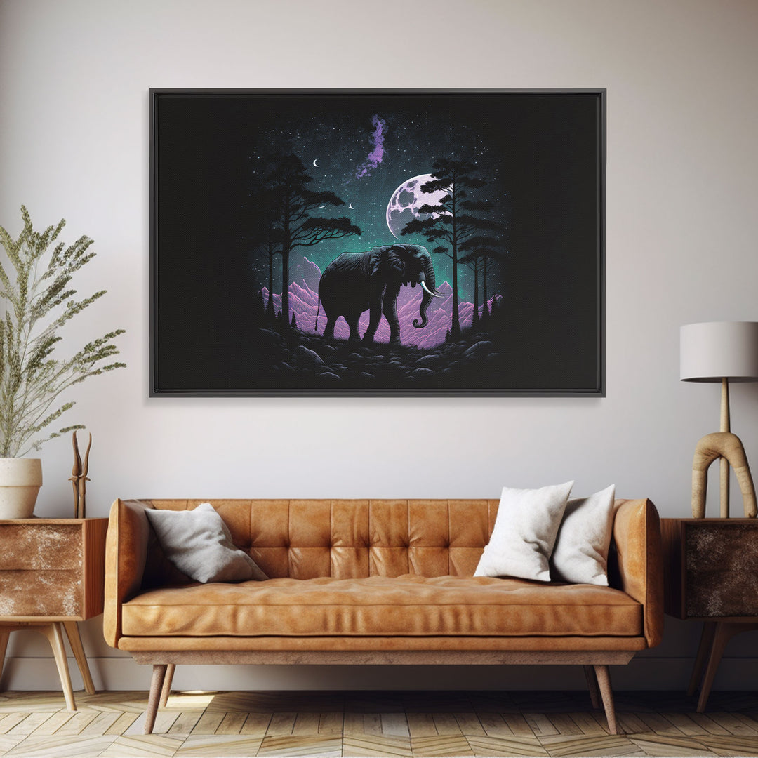 Synthwave Elephant Art | Framed Canvas Print | Framed Wall Art | Animal Prints | Wildlife Art | Elephant Walks Under A Full Moon