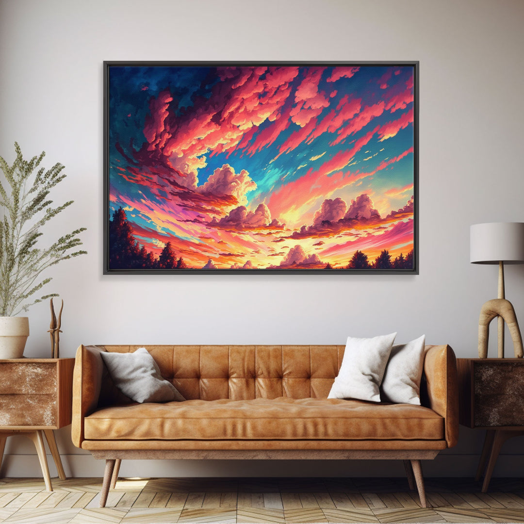 Watercolor of a beautiful cloudy sky at sunset, framed canvas print, landscape art, unique framed wall art