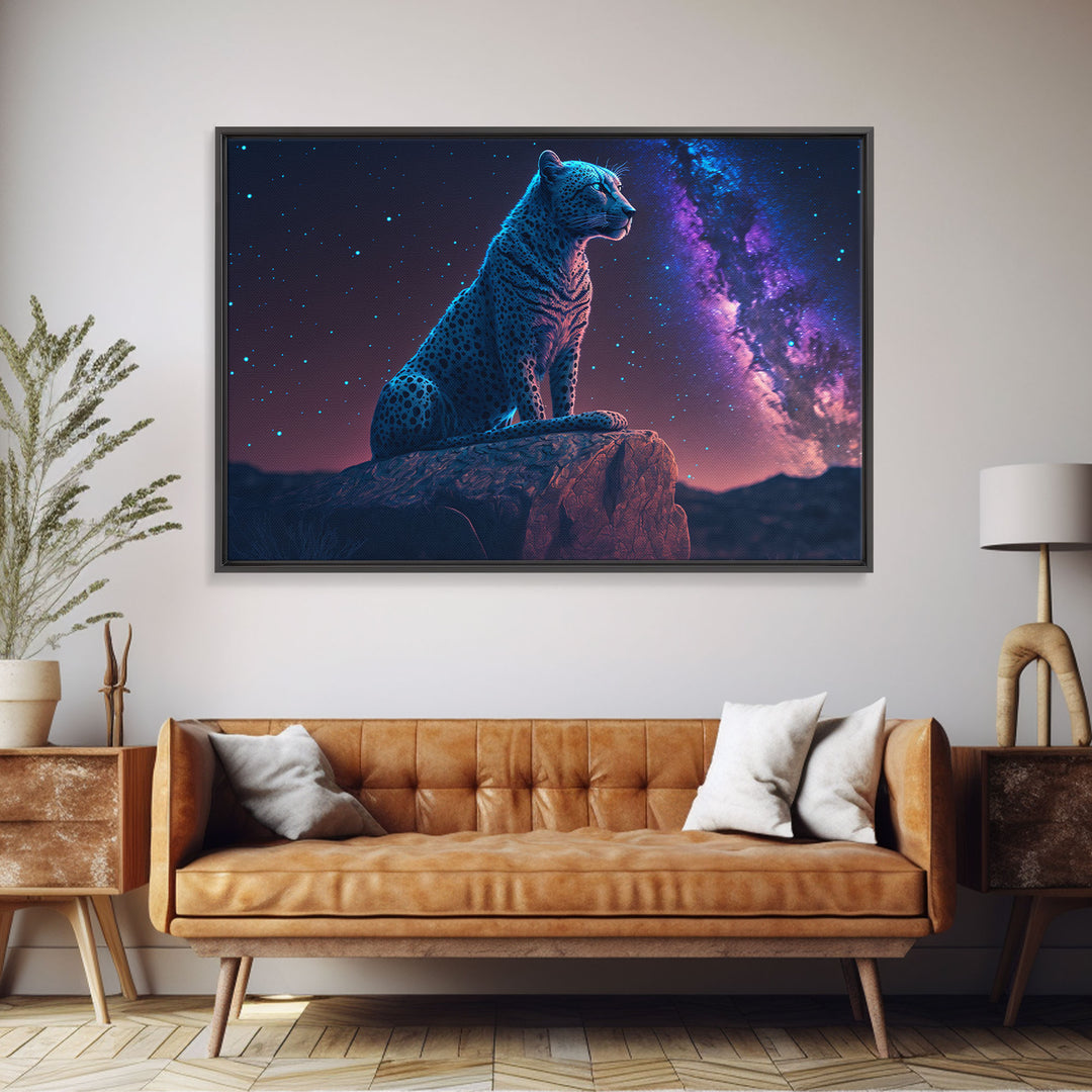 Synthwave Animal Prints, Cheetah and a starry night sky, framed canvas print, cute animal art