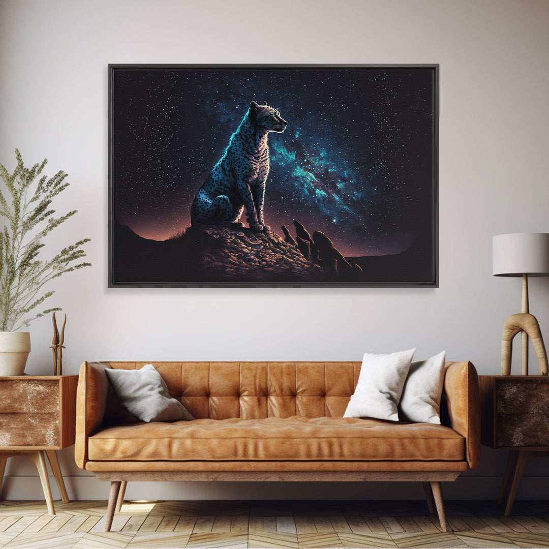 Cheetah Print, Synthwave Animal Prints, Cheetah and a starry night sky, framed canvas print, cute animal art