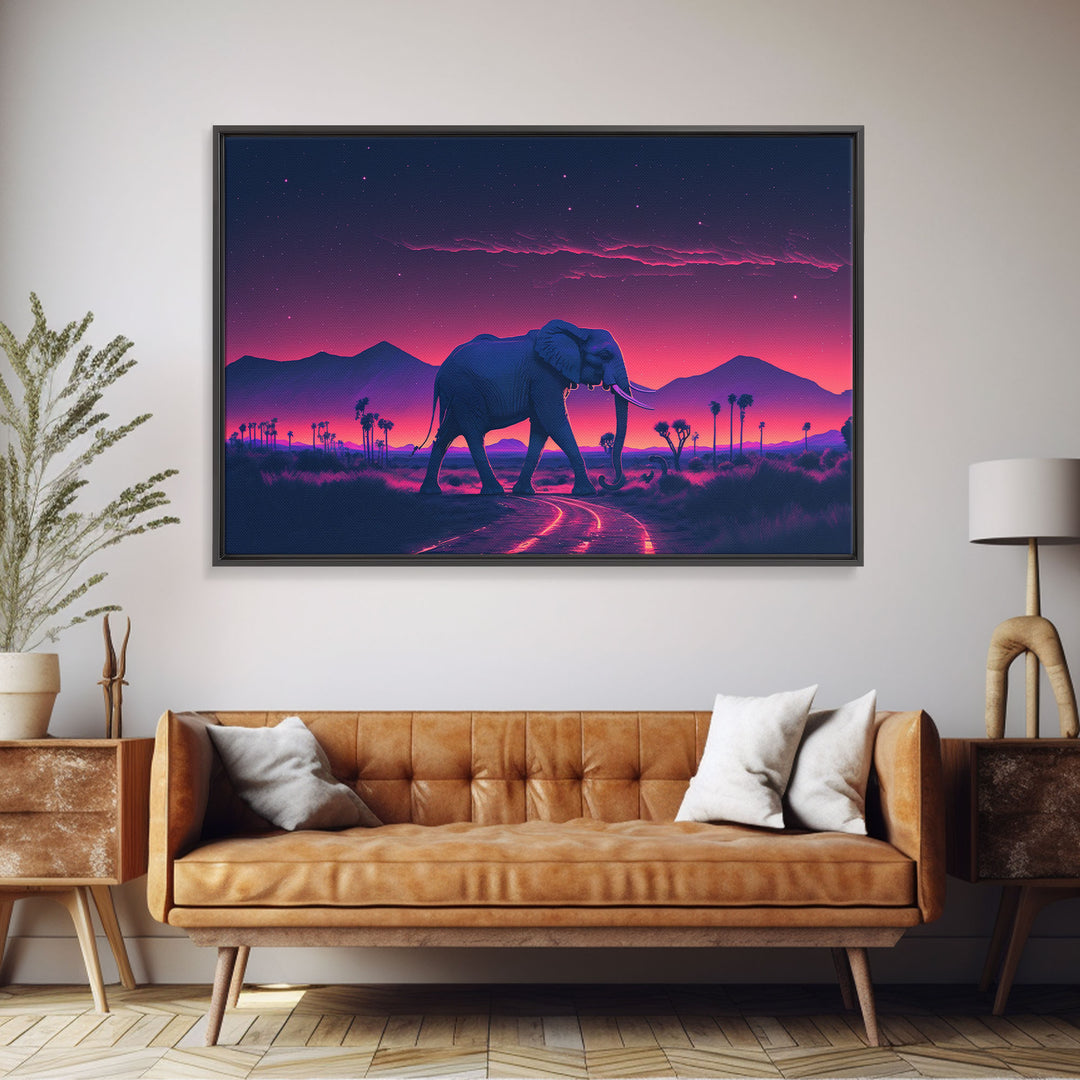 Elephant Art | Framed Canvas Print | Synthwave Style Framed Wall Art | Animal Prints | Elephant Walks Under A Full Moon | Kid's Room Decor