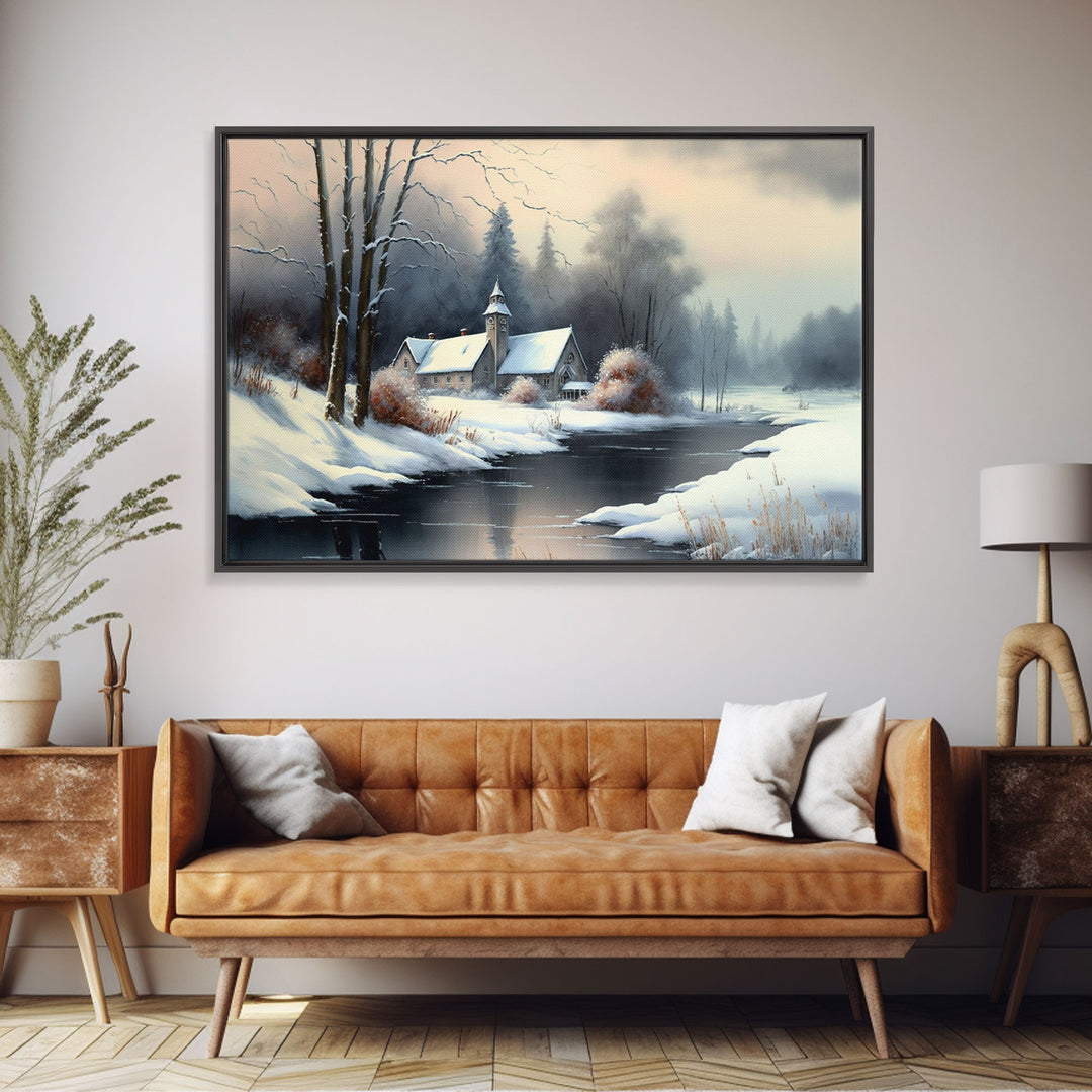 Snow Covered Landscape Art | Church Art | Framed Canvas Print | Snowy Winter Scene | Boho Minimalist Modern Art