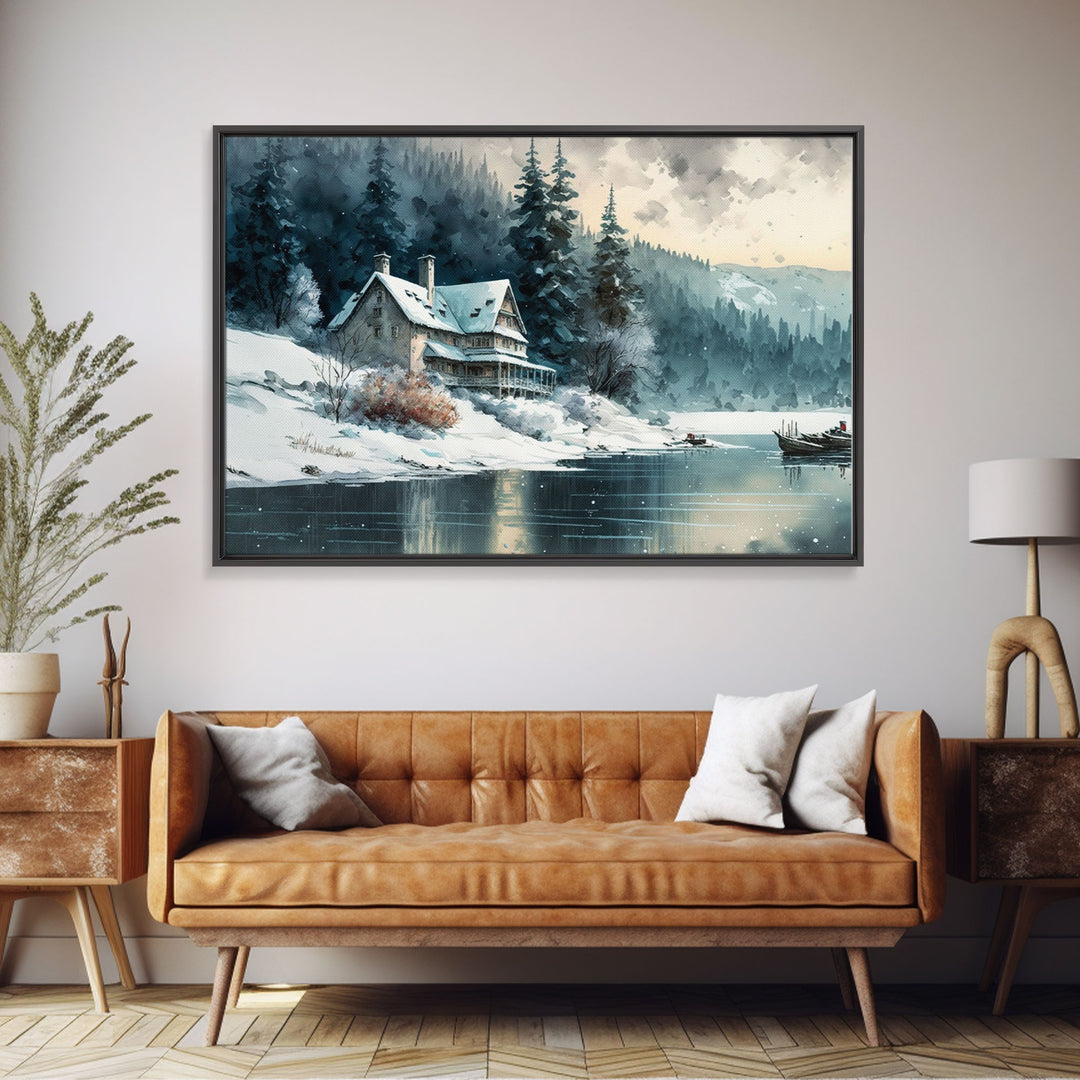 Snow Covered Landscape Art | Framed Canvas Print | Snowy Winter Scene | Boho Minimalist Modern Art | Art For Winter Cabin