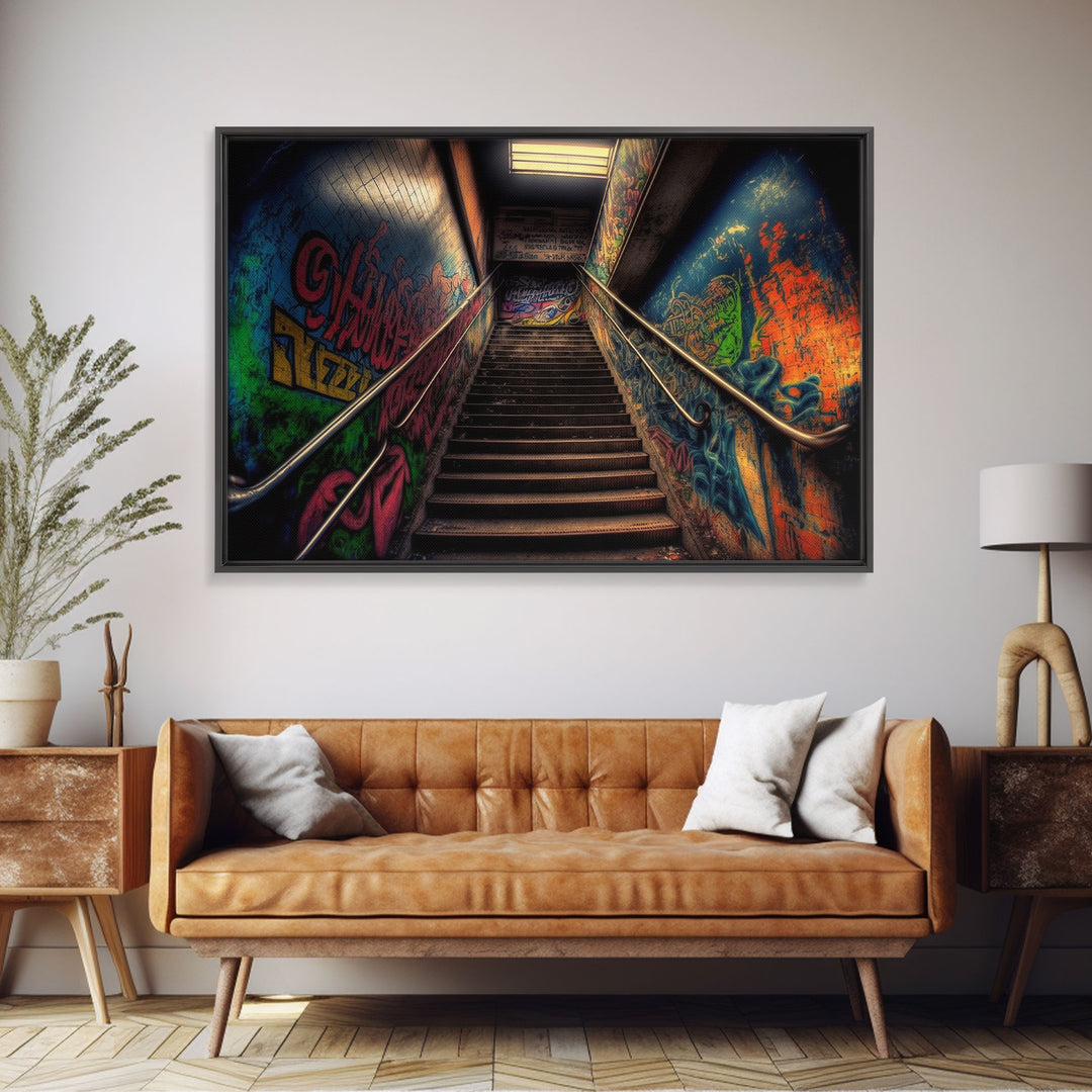 Graffiti Covered Staircase | Subway Stairs | Framed Canvas Print | Punk Art | Dystopian Cyberpunk Art