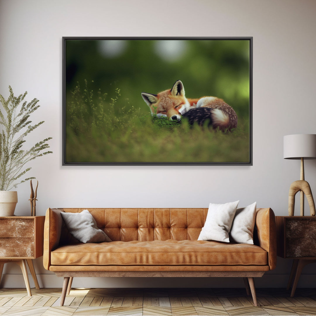 Cute Sleepy Fox Art, Animal Prints, Nature Art, Framed Canvas Print, Cute animal wall art, above sofa art