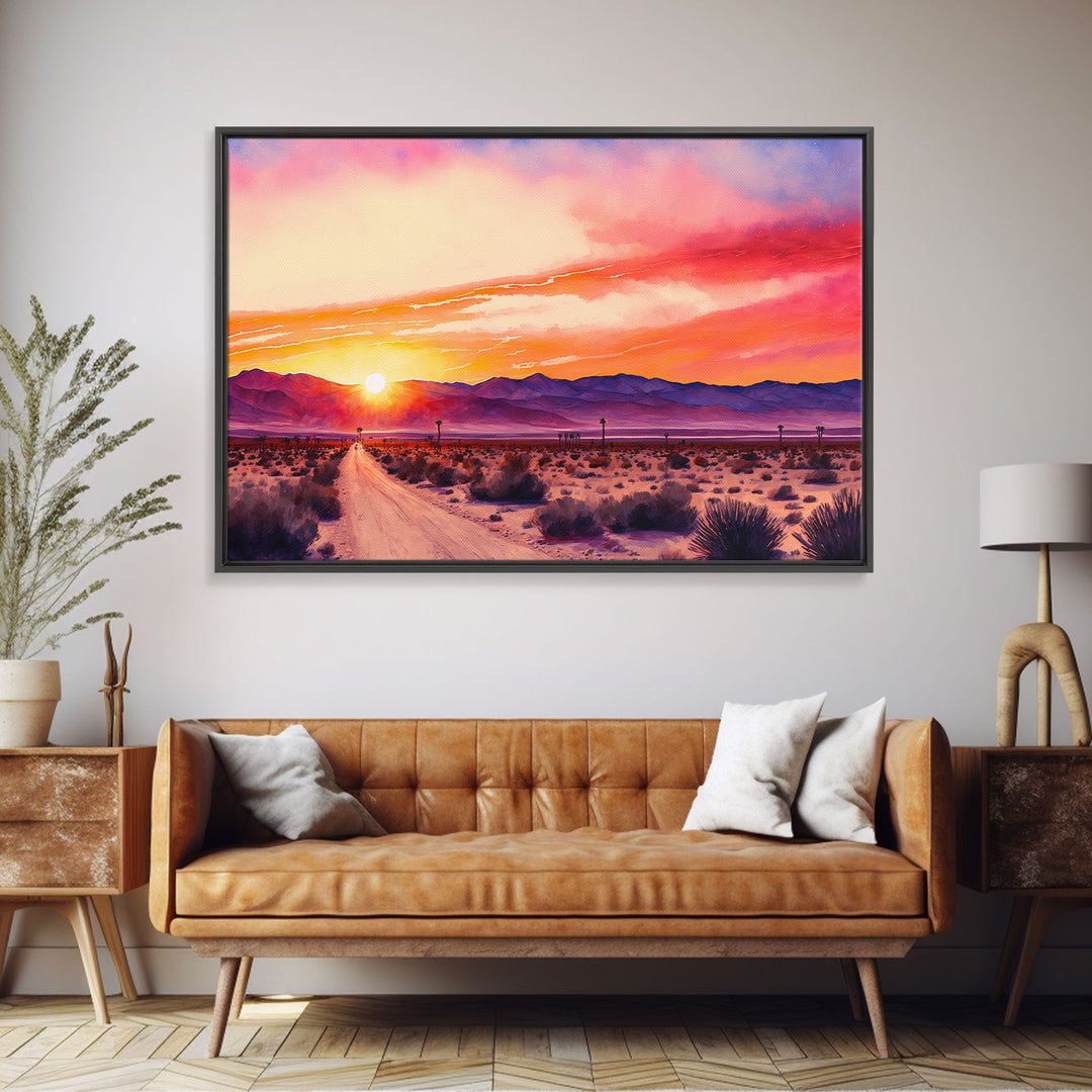 Arizona Desert at Sunset, Dirt Road, Framed Canvas Print, Colorful Wall Art, Sofa Art