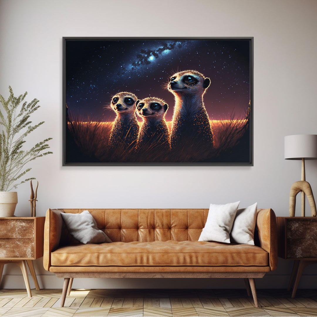 Meerkat Art, framed canvas print, Animal art, starry night over the plains of Africa