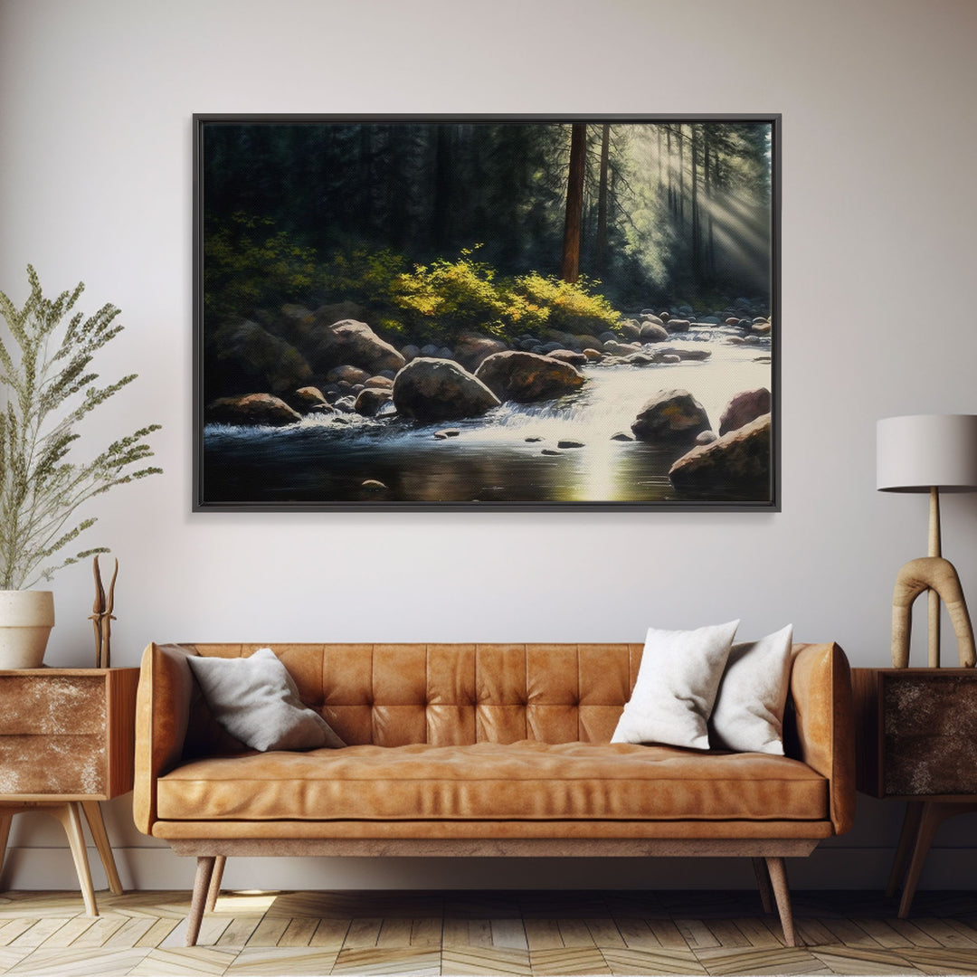 A Rocky Stream, Watercolor Art, Serene nature landscape art, framed canvas print, mouth of the river in the morning light wall art