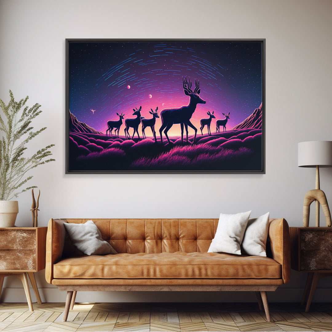 Wildlife at Night, Timelapse art, framed canvas print, synthwave style animal art