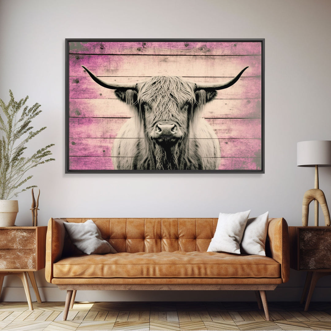 Pink Rustic Cattle Art, Framed Canvas Print, Framed Wall Art, Primitive Rustic Minimalist Farmhouse Decor, Highland Cattle Distressed Art