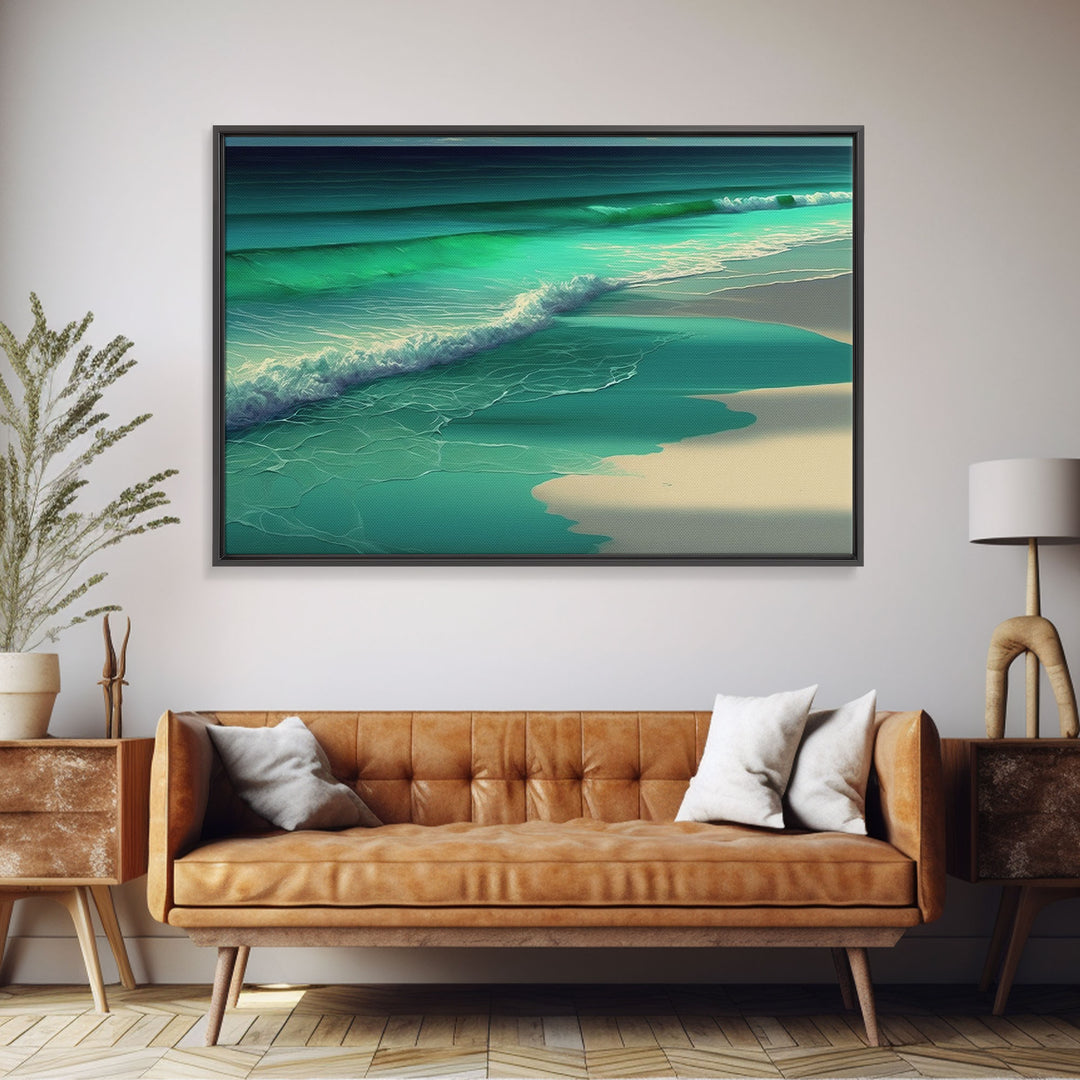 Canvas Print, Painting of Emerald Green Waves, Framed Canvas Art