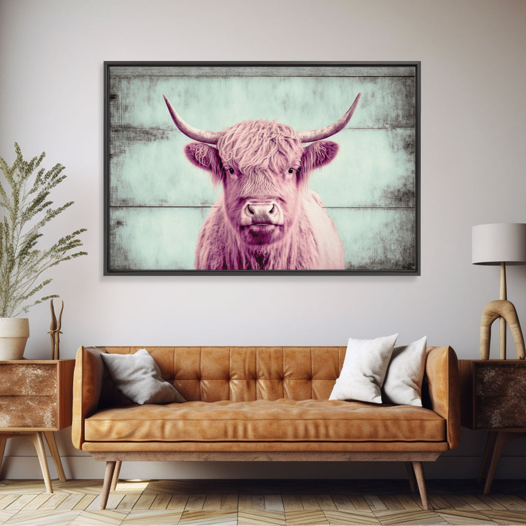 Pink and Turquoise Rustic Cattle Art, Framed Canvas Print, Framed Wall Art, Primitive Rustic Minimalist Farmhouse Decor, Highland Cattle Art