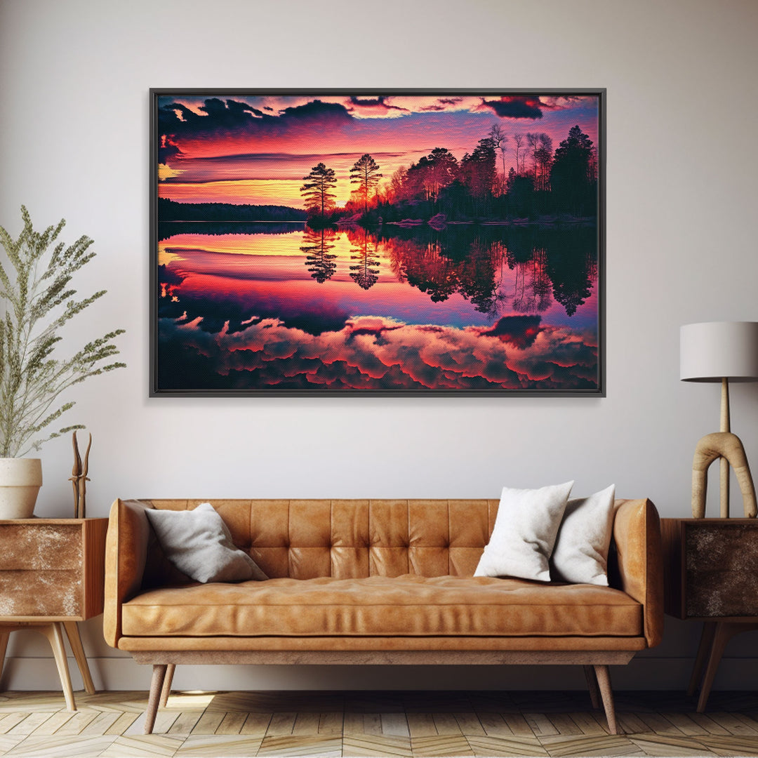 Reflections on the lake, red landscape art, framed canvas print, subdued red nature art