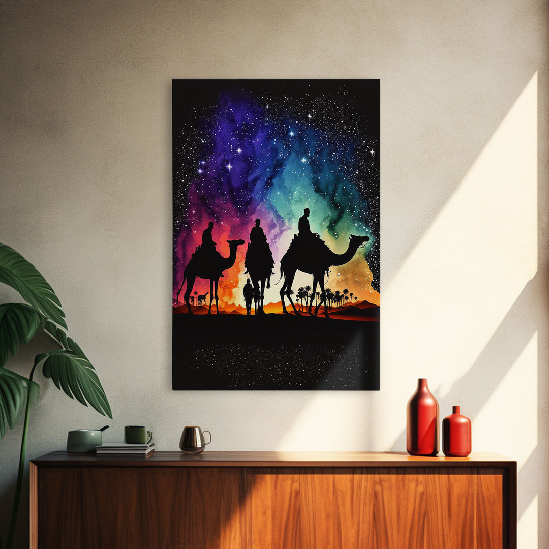 The Three Wise Men, Framed Canvas Print, Colorful Rainbow Art, 3 Wise Men, Camel Art, Starry Night Sky