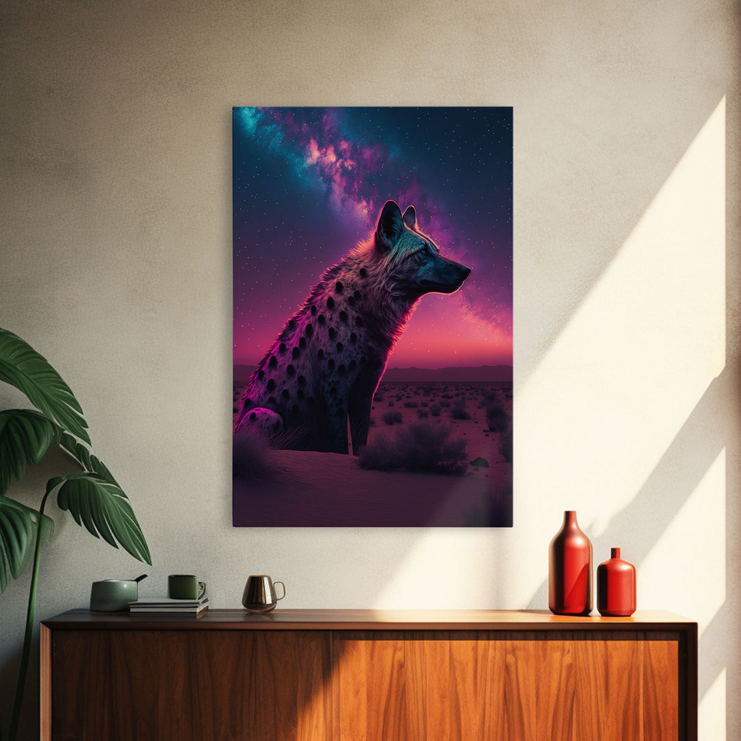 Portrait of a Neon Hyena, Laughing Hyenas, Framed Canvas Print, Unique Wall Art, Kid Room Art, Synthwave Retro Style Decor