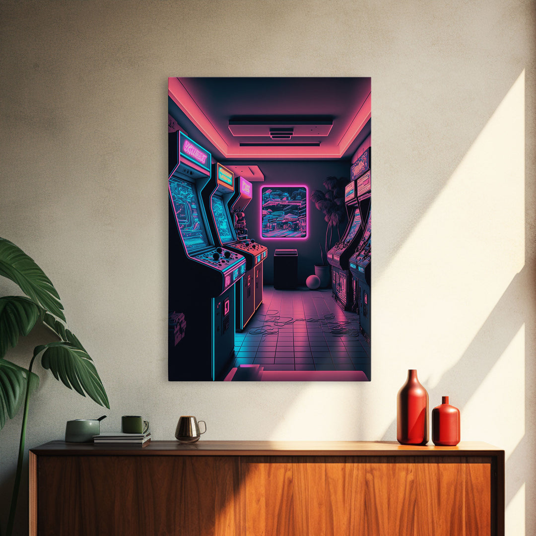 Neon Arcade, Gamer Room Decor, Unique Game Room Art, Framed Canvas Print, Synthwave Style Art, Vaporwave Gamer Art, Retrowave Arcade