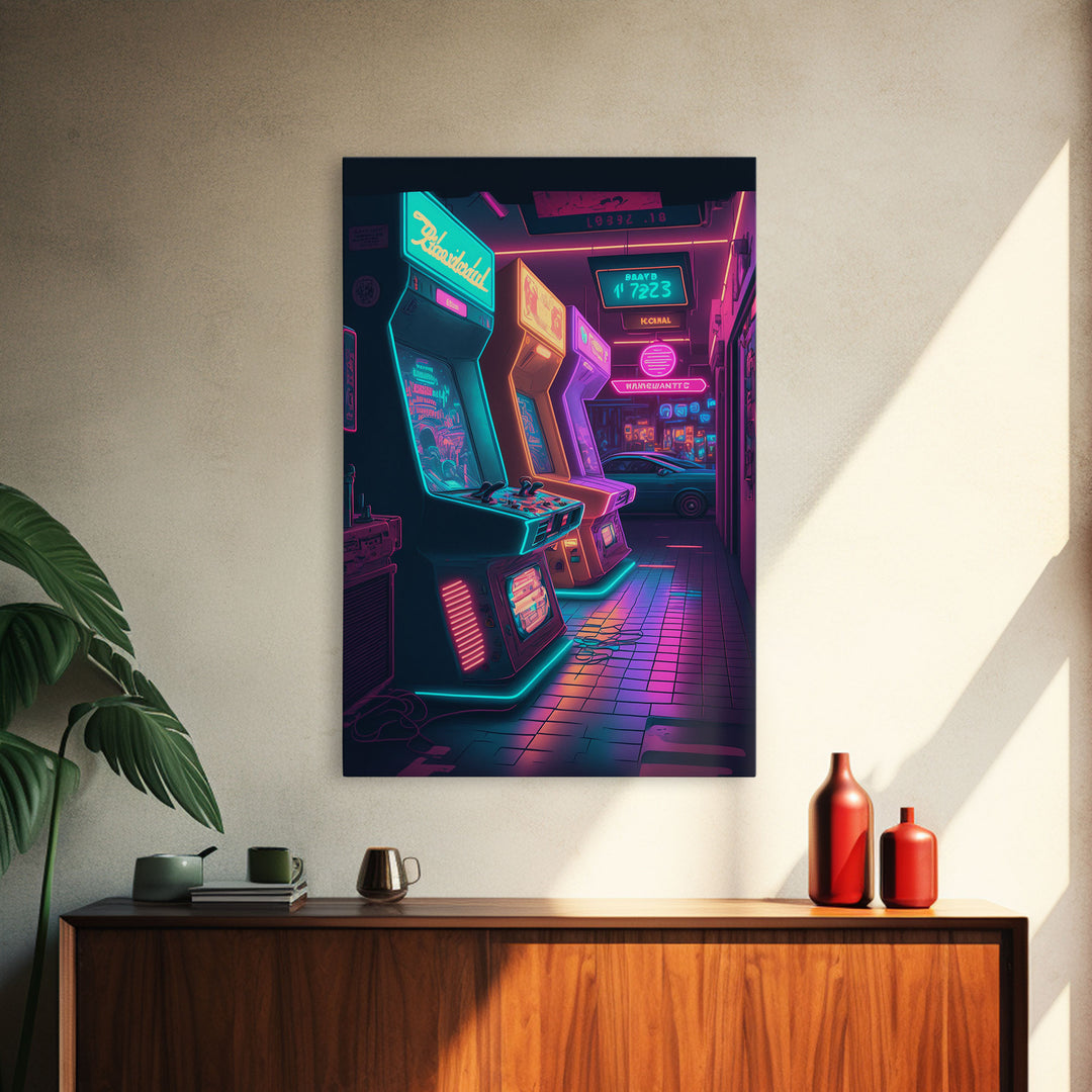 The Neon Arcade, Gamer Room Decor, Unique Game Room Art, Framed Canvas Print, Synthwave Style Art, Vaporwave Gamer Art, Retrowave Arcade