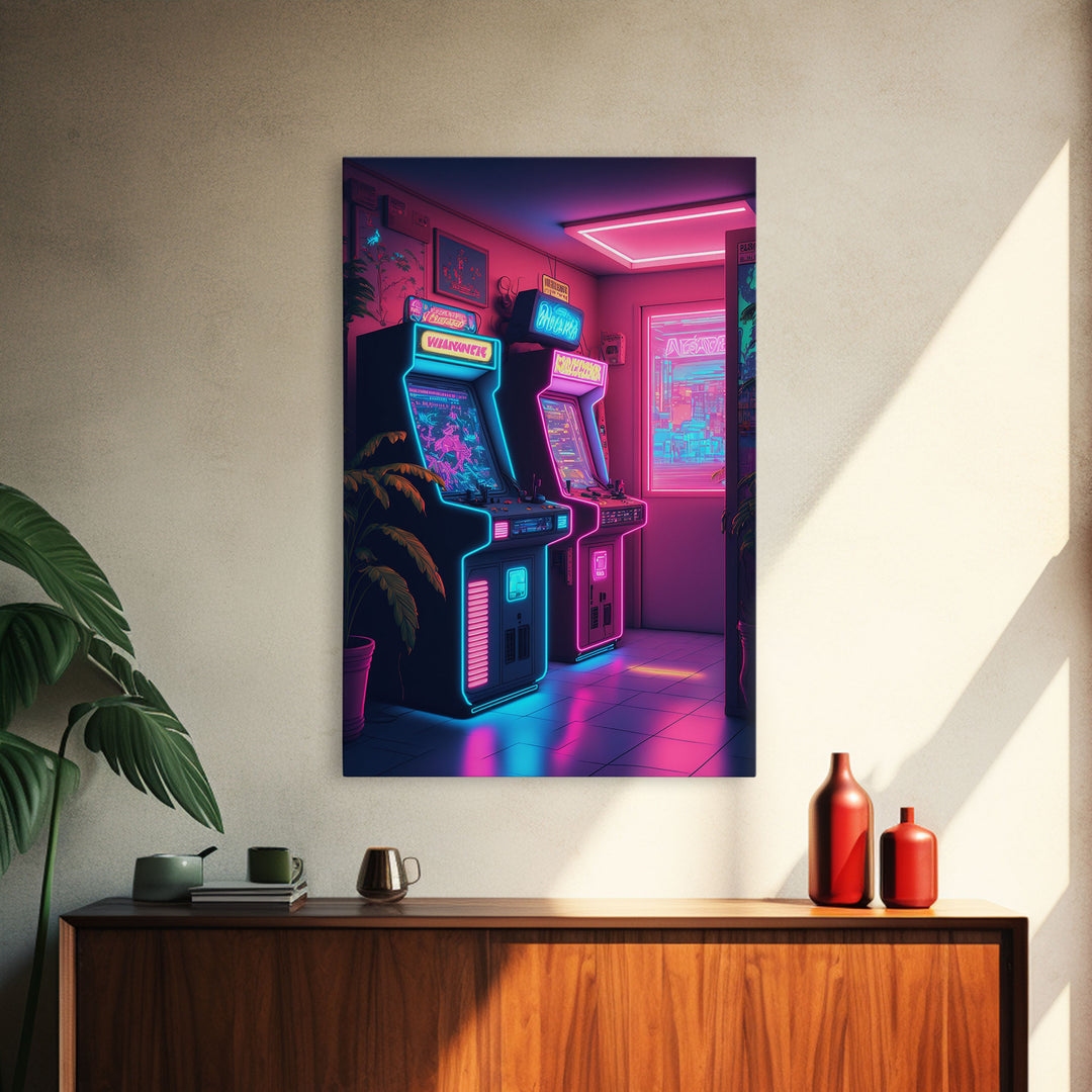 Retrowave Arcade Room, Neon Gamer Art, Framed Canvas Print, Framed Wall Art, Retrowave Arcade Decor, Game Room Art