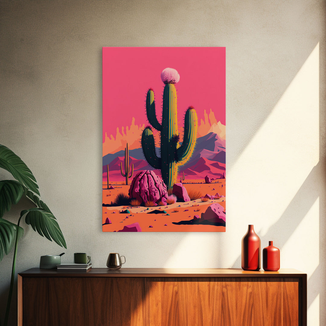 Mexico Cactus Art, Synthwave Pink Art, Framed Canvas Print, Southwest Saguaro Cactus Succulent Art, Western Decor