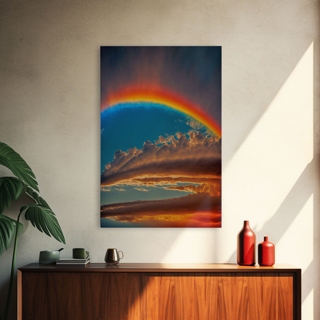 Rainbow Art, Framed Canvas Print, Rainbow Painting, Colorful Cloudy Sky wall decor