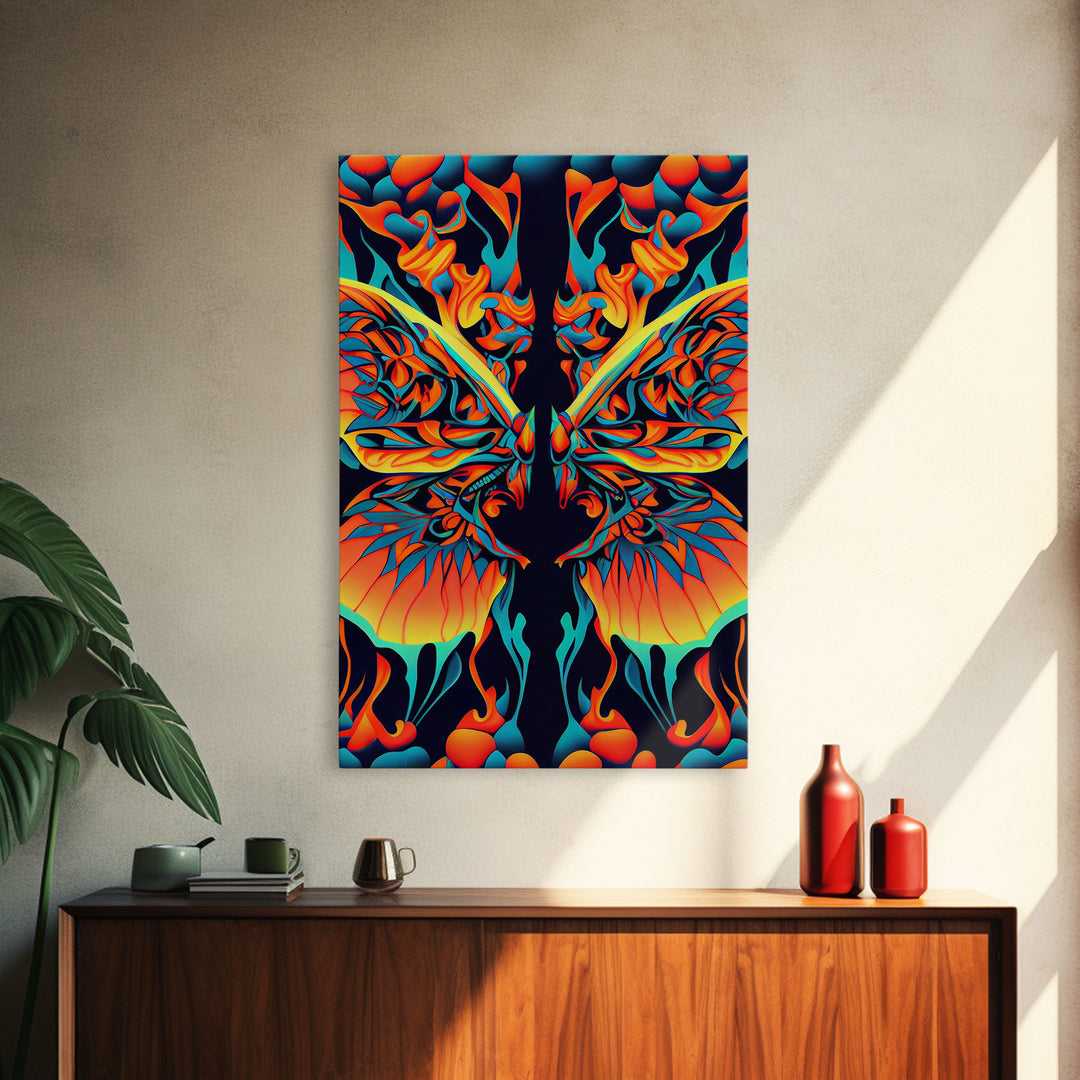 Butterfly Fire Rorschach Art, Dual Meaning, Framed Canvas Print, Optical Illusion Art