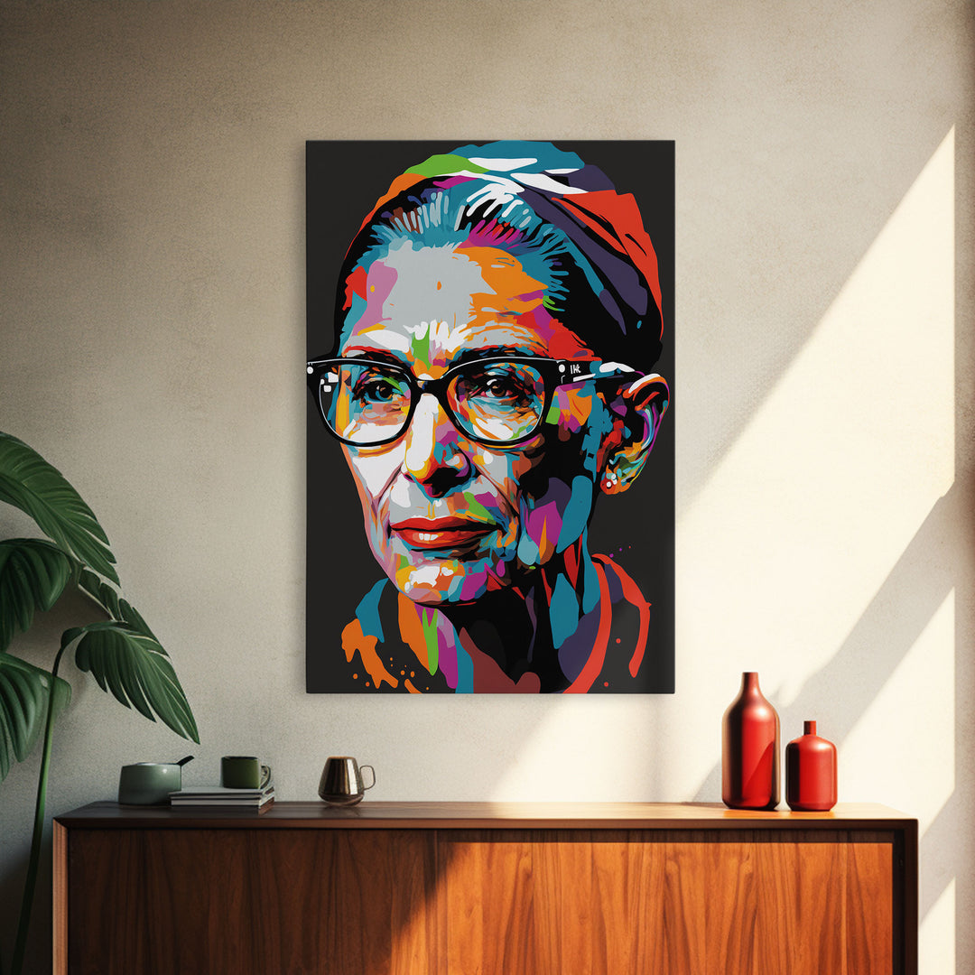 Notorious RBG, Ruth Bader Ginsburg Pop Art Portrait, Framed Canvas Print, Colorful Historic Figure Art