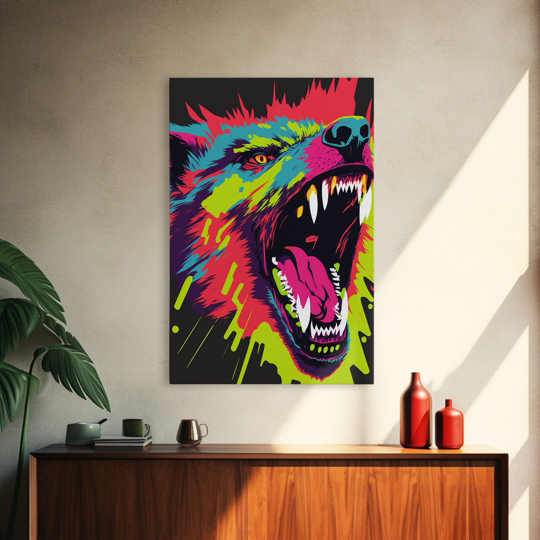 CHOMP! Wolf Bite! Framed Canvas Print, Unique Pop Art Style Animal Print