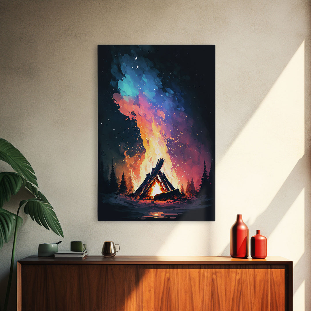 Campfire Print, Framed Canvas Art, Original Artwork, Hiking, Up North, Lake Life, Cabin Decor