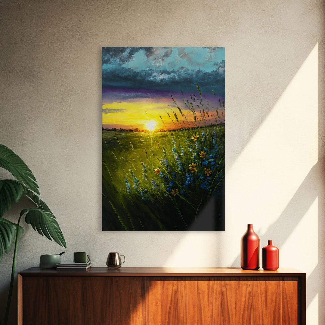 Sunset Over A Texas Field, Watercolor, Framed Canvas Print, Living Room Guest Room Art, Wall Decoration