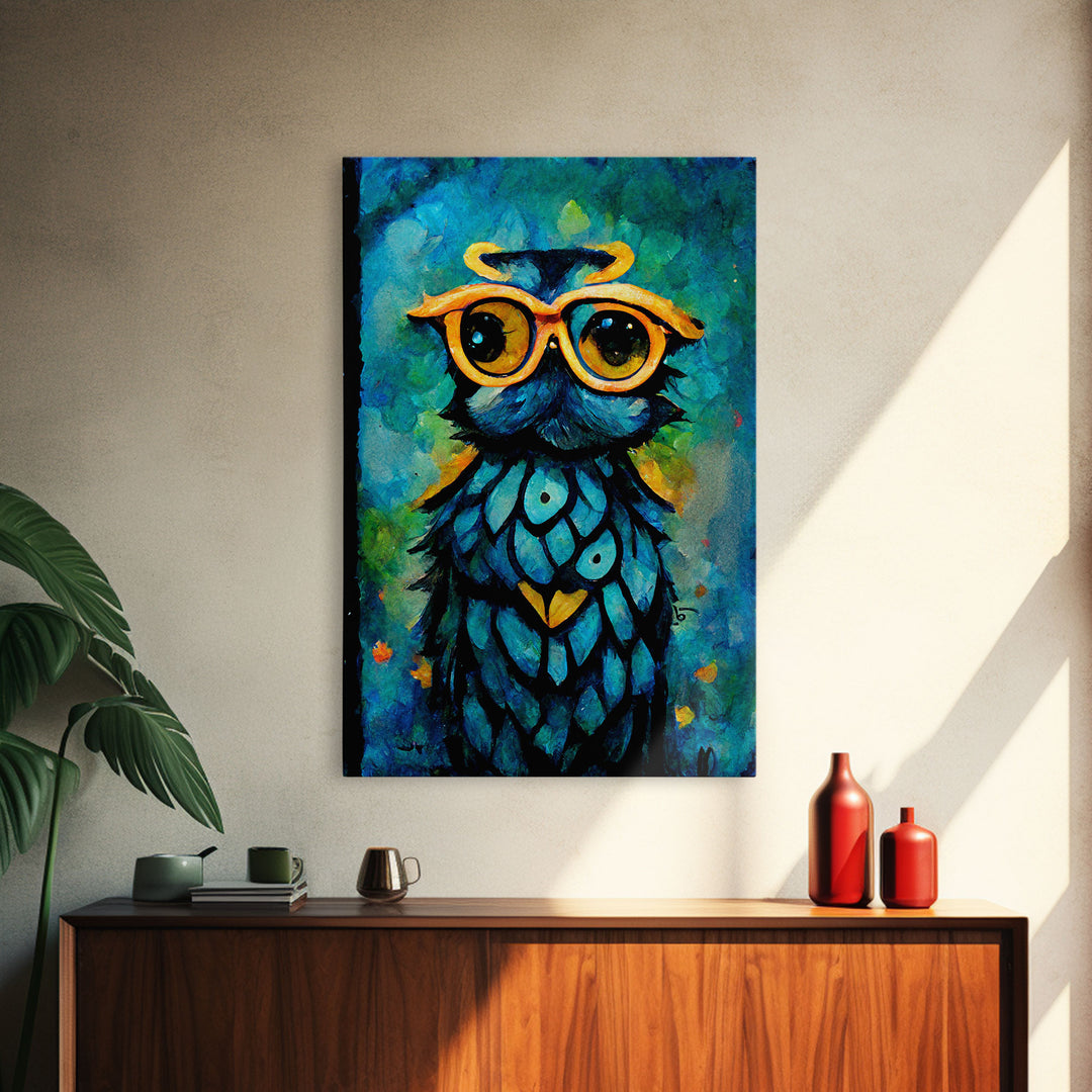 Wise Owl With Glasses Canvas Art - Owl Painting - Owl Wall Decor