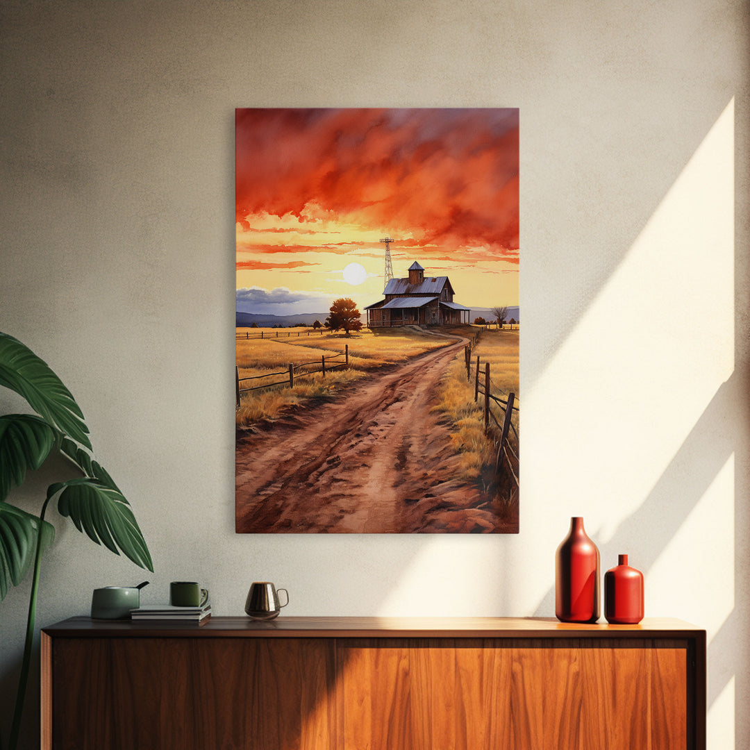 Sunset Over Kansas Farmhouse, Framed Canvas Print or Poster