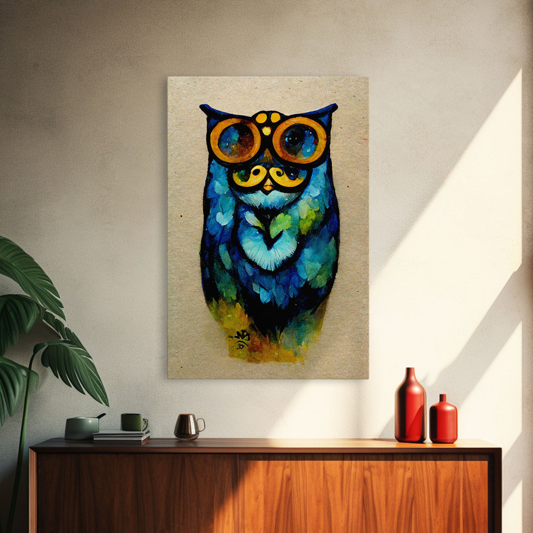 Wise Owl With Glasses Canvas Art - Owl Painting - Owl Wall Decor