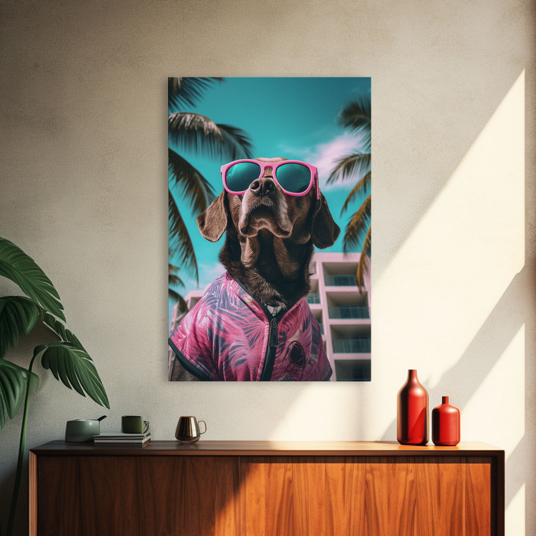 Labrador Dog Wall Print, Dog Wall Art, Dog With Shades, Pink Shirt, Funny Wall Art, Framed Wall Art, Framed Canvas, Wall Print, Wall Canvas