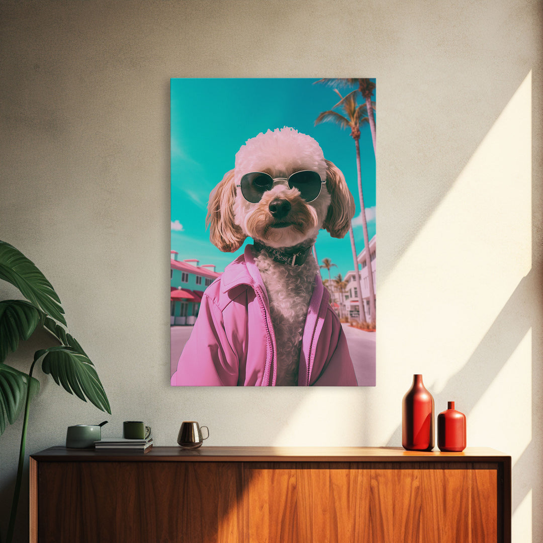 Poodle Dog Wall Print, Dog Wall Art, Dog With Shades, Pink Shirt, Funny Wall Art, Framed Wall Art, Framed Canvas, Wall Print, Wall Canvas